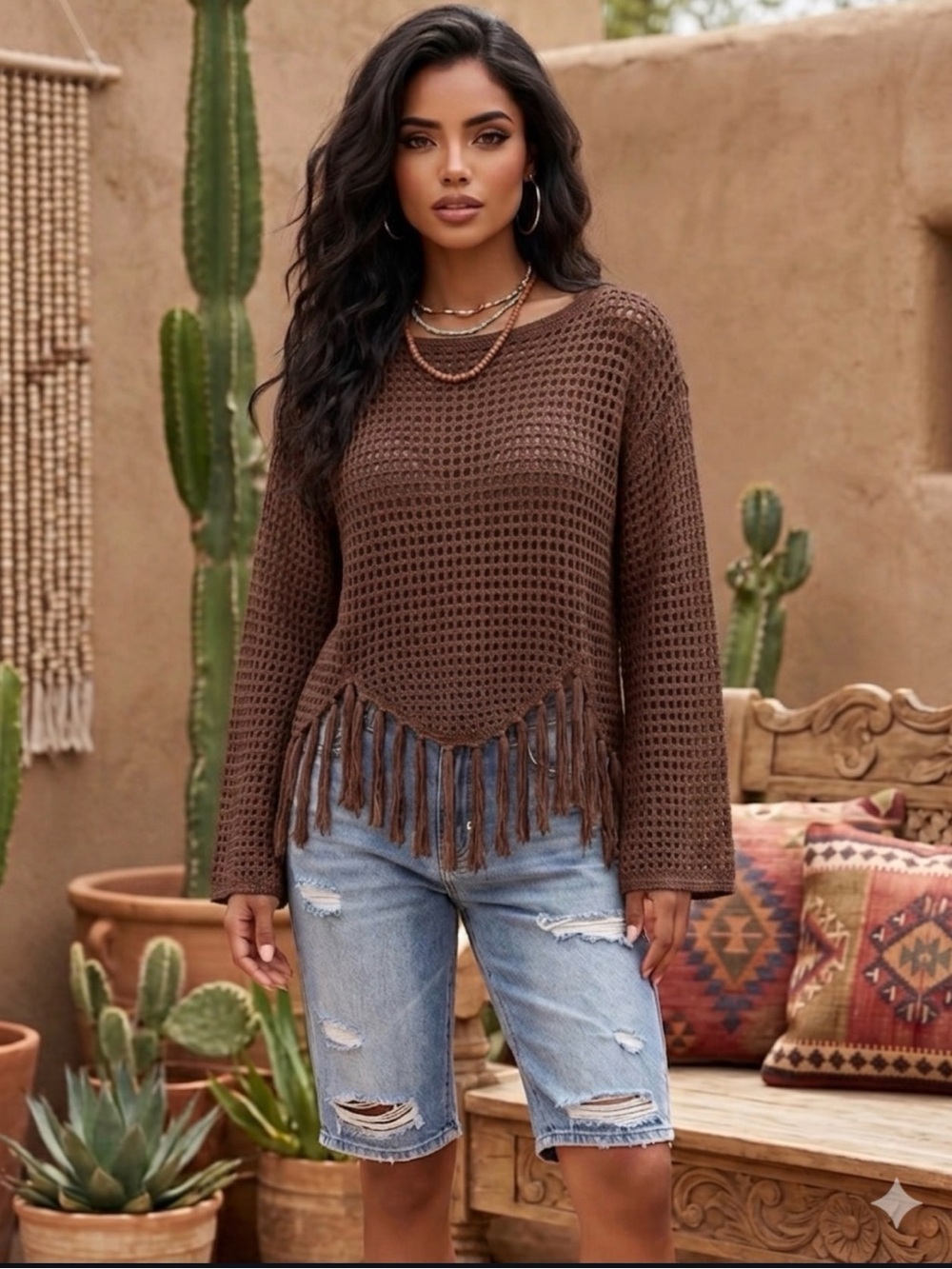 B729. Boho Chic Brown Crochet Fringe Long Sleeve Sweater